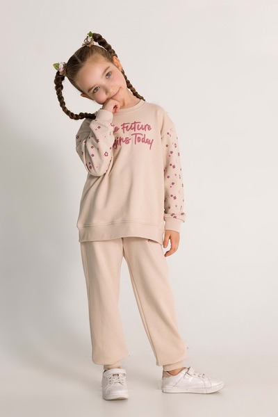 wakawakakidsstore Front Embroidered Baby Neck Ribbed Leggings Girl's Set