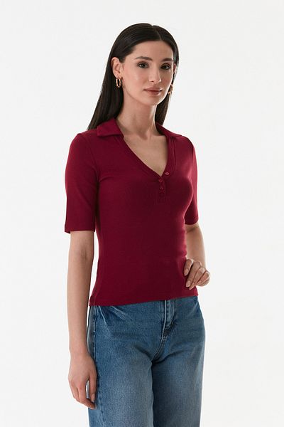 Fulla Moda Bluză din lycra cu guler polo cu nasturi în față
