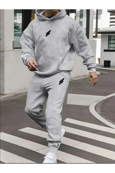 NO 601 Men's Grimelange Double Striped Printed Hooded Tracksuit Set