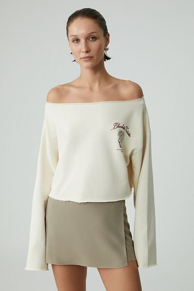 GRIMELANGE Carıbou Women's Asymmetrical Collared Unraised Off-The-Shoulder Printed Ecru Sweatshirt