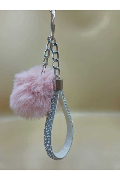 dizaynpark Silver Angel Keychain, Tiny Pompom and Pink Pompom