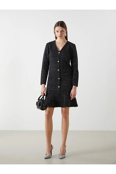 LC Waikiki Lcwaikiki Classic Black V-Neck Sparkle Women Tweed Dress