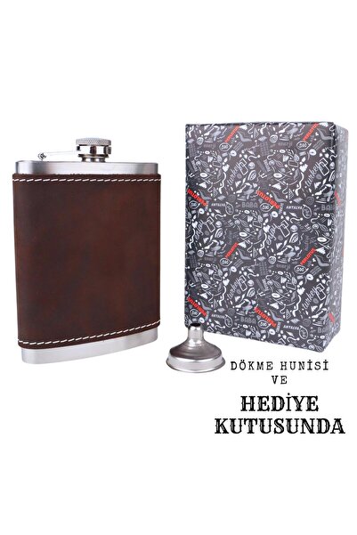 PERLOTUS 8 Oz 240 cc Koyu Kahverengi Crazy Deri Kılıflı El Yapımı Çelik Viski...
