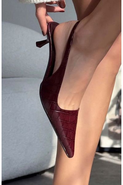 ZİESCE Women's Burgundy Croco Patterned Elastic Detail Heel Shoes