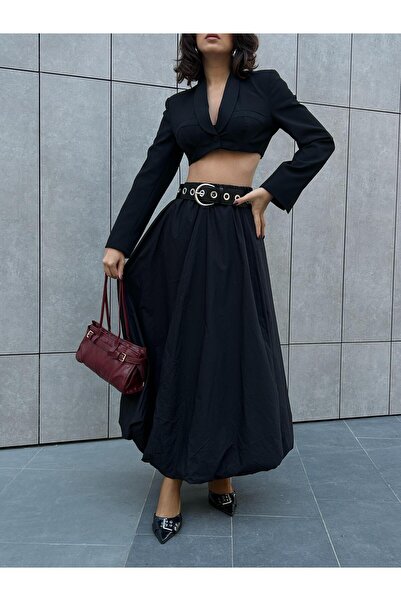 minaaise Kadın Siyah Lastikli Uzun Astarlı Balon Etek 29004