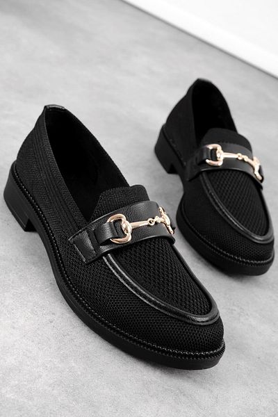 Lal Shoes & Bags Дамски черни плетени мокасини League - с катарама, златисти