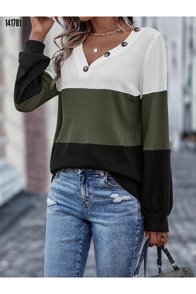Kokosh moda Γυναικεία μακρυμάνικη μπλούζα με λαιμόκοψη V με κουμπιά Wellsoft