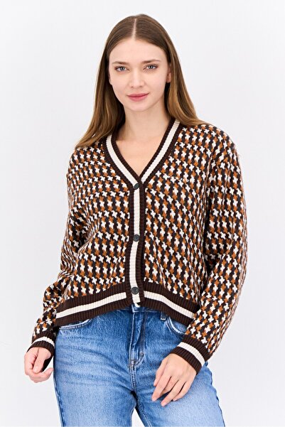 Lyle & Scott Women V-Neck Houndstooth Cardigan, Brown