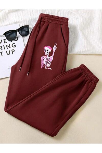 RPT MODA بنطال رياضي مريح بقصة واسعة وجيب مطاطي وطبعة هيكل عظمي وردي