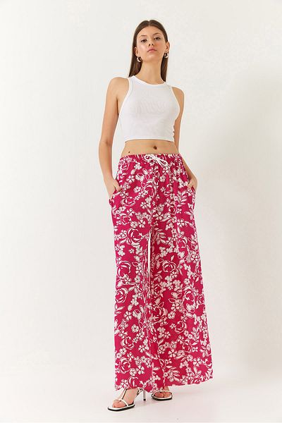 Bianco Lucci Women's Elastic Waist Tie Patterned Pocket Viscose Palazzo Trousers 60261433
