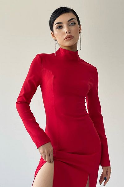 barış sülün lovebox Women's Atlas Fabric Half Turtleneck Red Midi Dress with Double Slit Design 339