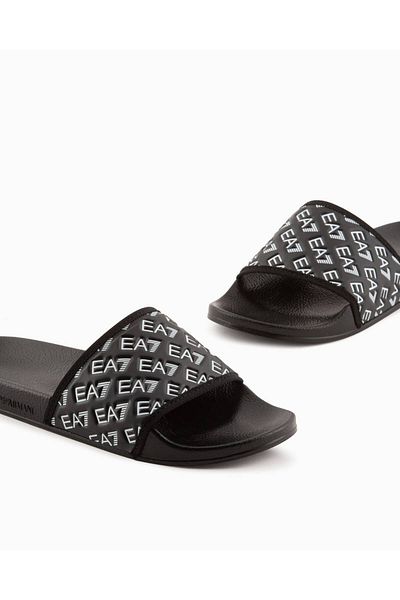 EA7 Papuci unisex EA7 cu model text, confortabil, cu talpă plată, alb-negru 7X 000109   AF15125-MC138