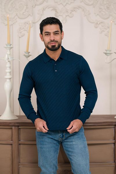 Woolen World Мъжки вълнен трикотажен пуловер с поло яка, с прилепнала кройка и шарки