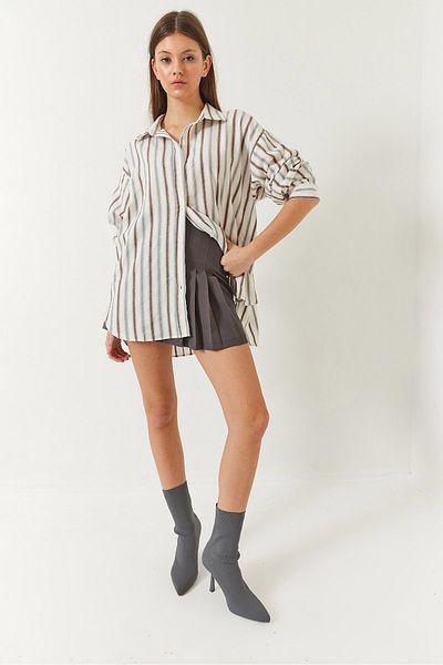 Bianco Lucci Γυναικείο λινό Oversize ριγέ Basic πουκάμισο 60261417