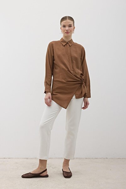 LEVURE Yandan Bağlamalı Modal Gömlek KAHVERENGİ