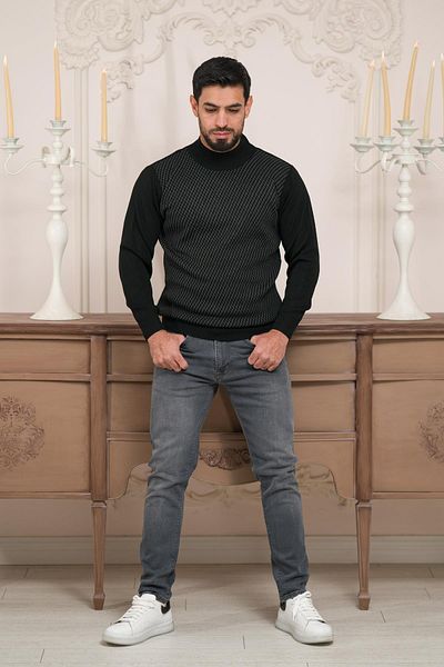 Woolen World Мъжки вълнен трикотажен пуловер с поло яка и шарки