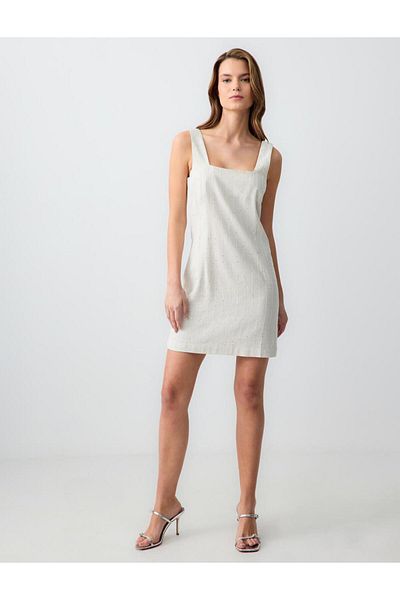 Jimmy Key Stone Square Neck Sleeveless Woven Linen Mini Dress