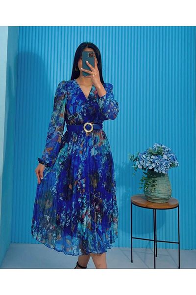 sunfyre Women V-Neck Long Sleeve Patterned Chiffon Fabric Lined Waist Elastic Belt Midi Length Dress