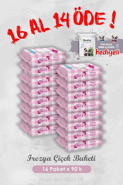 Baby Turco Freesia Flower Bouquet - 90 Sheets Wet Towel and Rosie