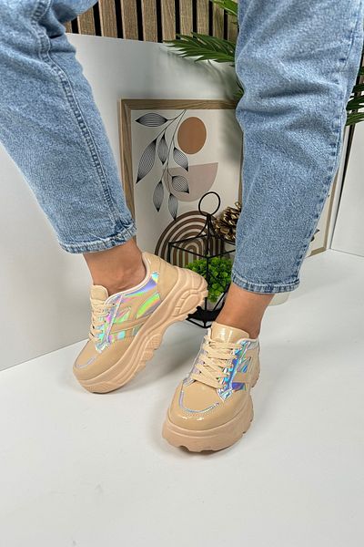 Nstil Nut Patent Leather Hologram Sneaker - Thick Sole, Lace-Up and Tiger Stripe Comfortable Sports Shoes 032