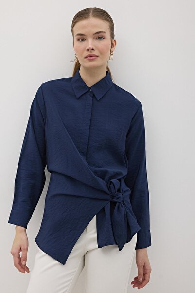 LEVURE قميص مودال برباط جانبي أزرق داكن
