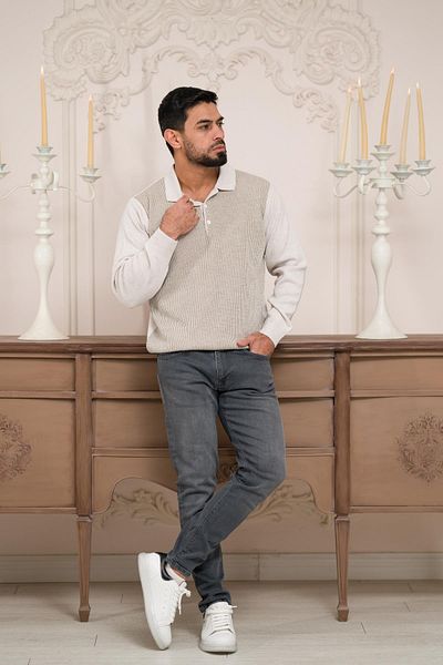 Woolen World Ανδρικό πλεκτό πουλόβερ με γιακά Polo Dobby Wool