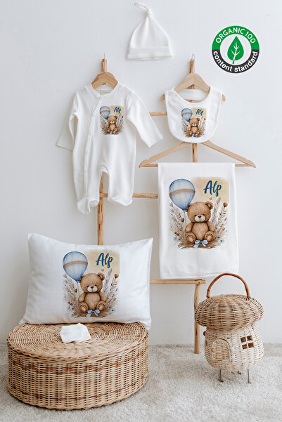 Lilabio %100 Organik Isme Özel Isimli 6lı Hastane Çıkışı Tulum Set Ayıcık