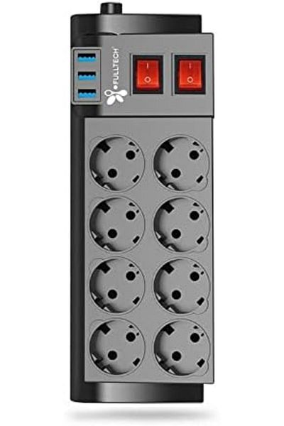LUXE مجموعة مكونة من 8 مقابس محمية للتيار، مقاومة للحرارة - 3 × USB، كابل بطول 2 متر