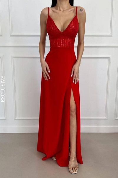 Mossta Sequined Rope Strap V-Neck Slit Evening Dress