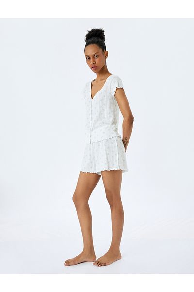 Koton Cotton Blend Knitted Sleepwear Set with V-Neck Button Short Sleeve Shorts