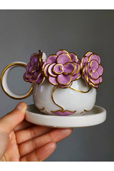 KOTYORA Çiçek Kız Mor Hediyelik El Yapımı Seramik Duble Kahve Fincanı