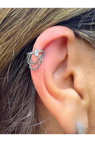Arescollection G23 Titanium (Tanium) Zircon Stone Chain Conch Helix Compatible 1 Piece Piercing