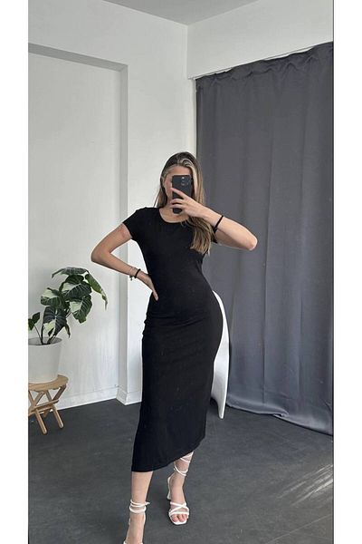 OlaLady Γυναικείο κοντομάνικο φόρεμα με χαμηλό πίσω μέρος και σχισμή μίνι μήκους Basic