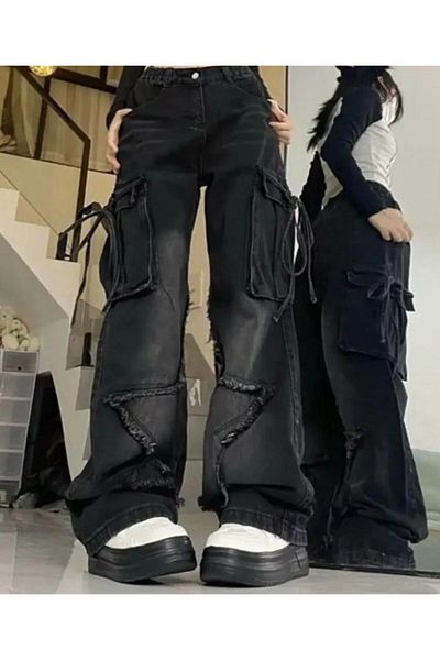 KOTOLOG Y2K Vintage Φαρδύ τζιν παντελόνι με φαρδύ πόδι με λεπτομέρεια με κορδόνι τσέπης