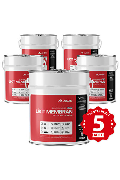 ALKORU 5 Adet 15 KG Süper Likit Membran Kauçuk ve Elyaf Katkılı Sıvı Su Yalıt...