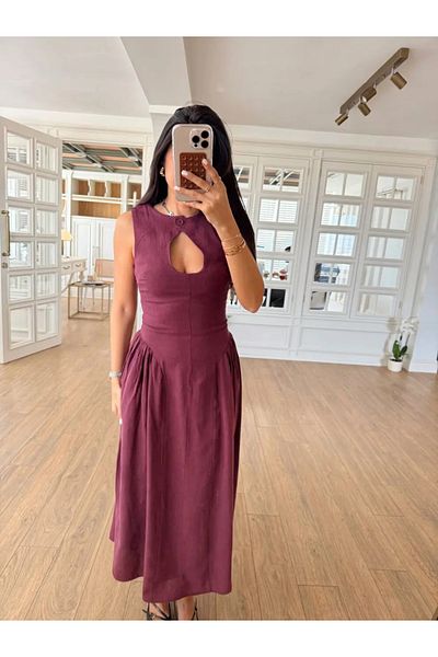 ForOre Linen Long Drop Pattern Button Dress