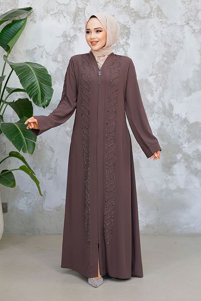 Neva Style Bead Embroidered Brown Hijab Ferace 29122Kh