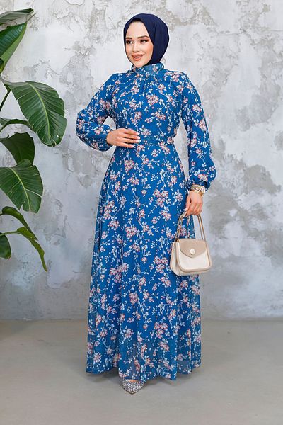 Neva Style Rochie Hijab Albastru Petrol cu ​​Model Floral 52682PM