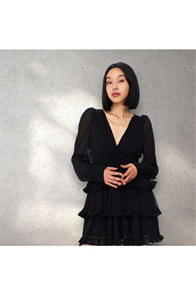 LÜKSERA Quzu Kadın Siyah Mini Elbise - Dekolteli, Sırt Detaylı, Tül Kumaş Şık Gece Elbisesi