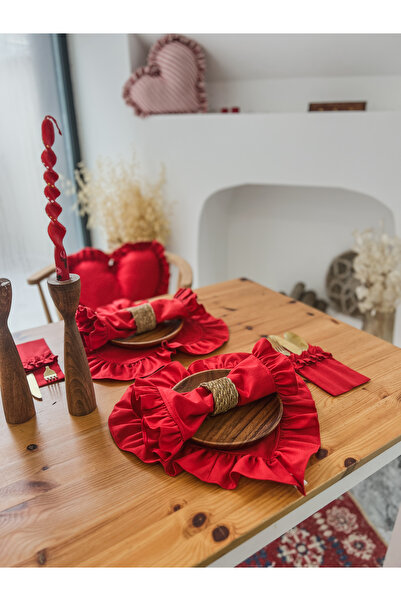 KaiHome 4lü Lovely Keten Kumaş Fırfırlı Kırmızı Peçete