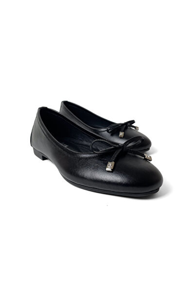 RABU Siyah Kadın Hakiki Deri Rahat Kalıp Fiyonk Detaylı Günlük Klasik Babet