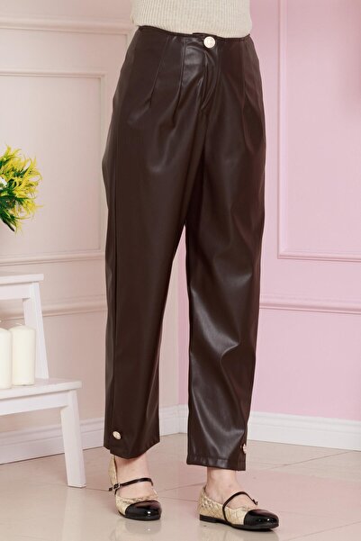 Sevitli Καφέ Δερμάτινο Παντελόνι - Λεπτομέρεια με κουμπί