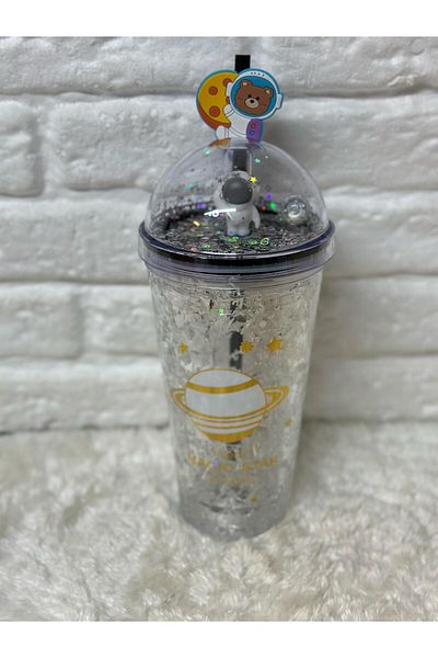 Zizu Colorful Mica Lighted Double Layer Glass Water Bottle with Straw 500 ml