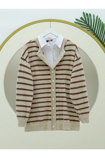 Modamorfo Round Neck Striped Buttoned Soft Knitwear Cardigan - Brown