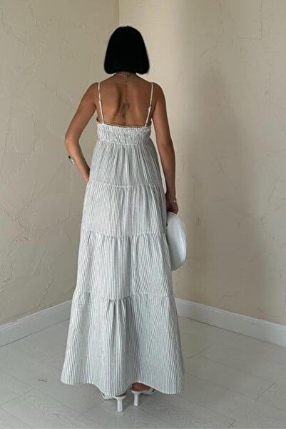 ZISHAN İp Askılı Çizgili Gipe Detaylı Keten Kumaş Yazlık Elbise 4201