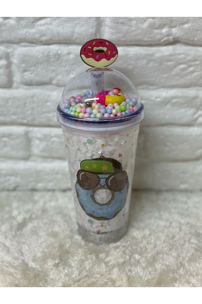 Zizu Colorful Mica Lighted Double Layer Glass Water Bottle with Straw 500 ml