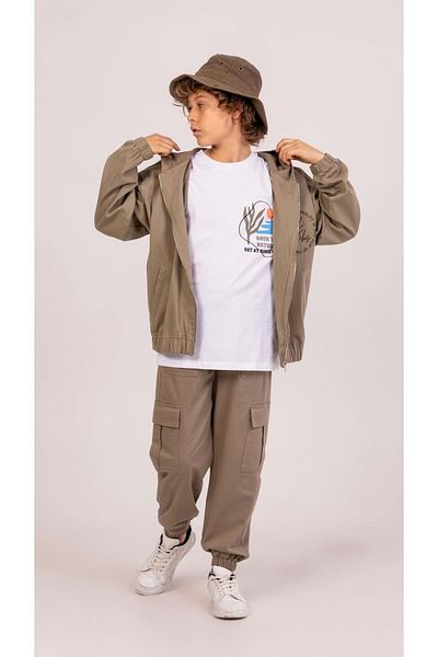 wakawakakidsstore Front Back Embroidered Hooded Jacket Cargo Pocket Trousers Boy's Suit