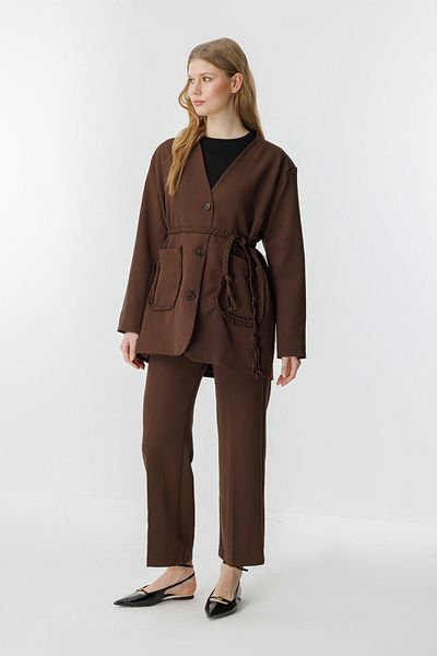 Hooopstore Meri Knitted Rope Detailed Coffee Jacket Set