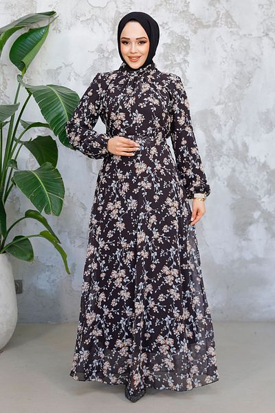 Neva Style Floral Print Black Hijab Dress 52682S