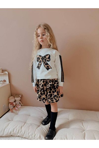 YİGİT BUTİK Set de jos și de sus pentru fete cu fustă leopard imprimată cu fundă